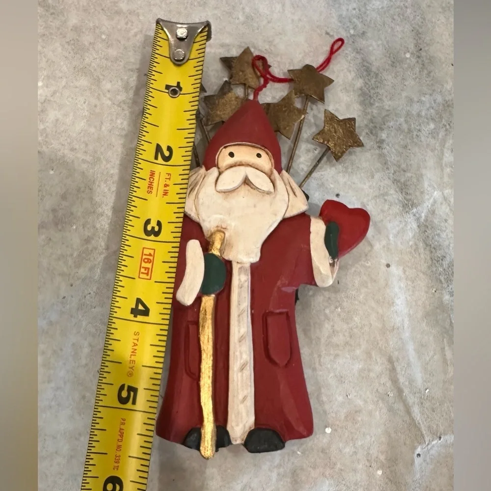 Vintage rustic folk art Red and Gold Santa with stars wooden Christmas Ornament